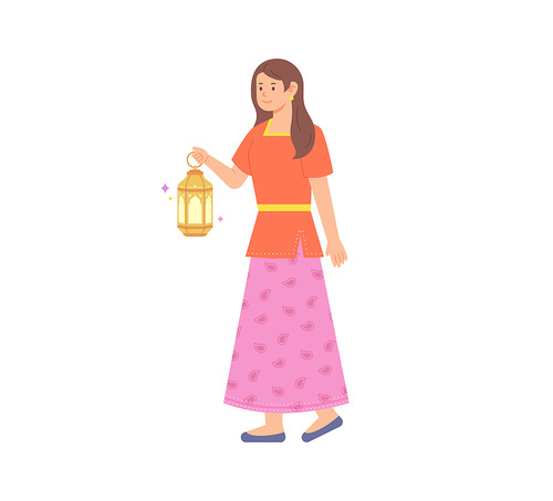 인도 전통 의상을 입은 여성이 등불을 들고 있다. 심플한 벡터 스타일의 일러스트레이션.