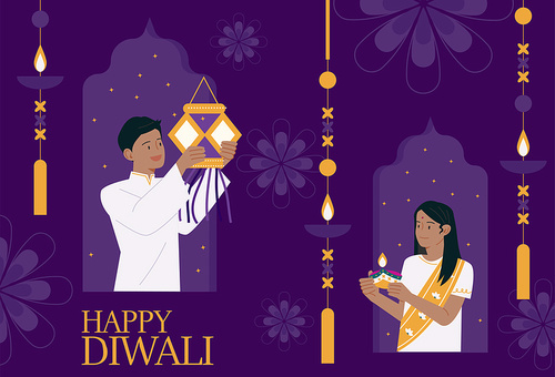 인도 전통의상을 입은 남자와 여자가 등불을 들고 있다. 심플한 벡터 스타일의 일러스트레이션.