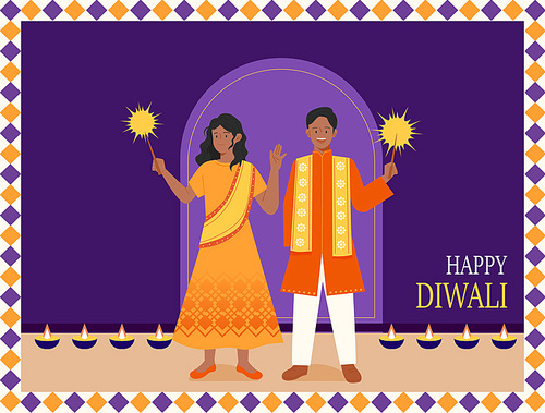 인도 전통 의상을 입은 남자와 여자가 손에 불꽃놀이를들고 인사하고 있다. 심플한 벡터 스타일의 일러스트레이션.