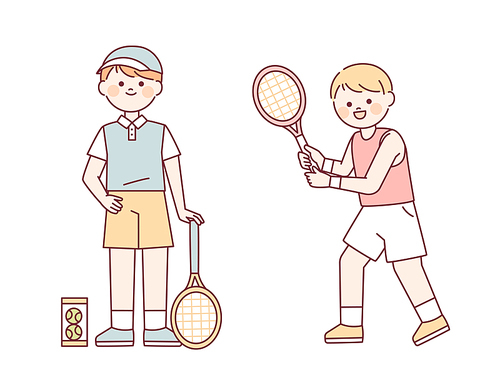 테니스 유니폼을 입고 라켓을 들고 있는 귀여운 소년 캐릭터.