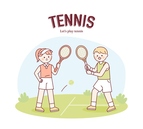 테니스 배너 포스터. 귀여운 테니스 캐릭터들.
