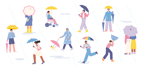 비오는날. 거리에 우산을 들거나 비옷을 입은 많은 사람들. 심플한 벡터 스타일의 일러스트레이션.