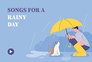 한 남자가 비를 맞고 있는 고양이에게 우산을 씌워주고 있다. 심플한 벡터 스타일의 일러스트레이션.