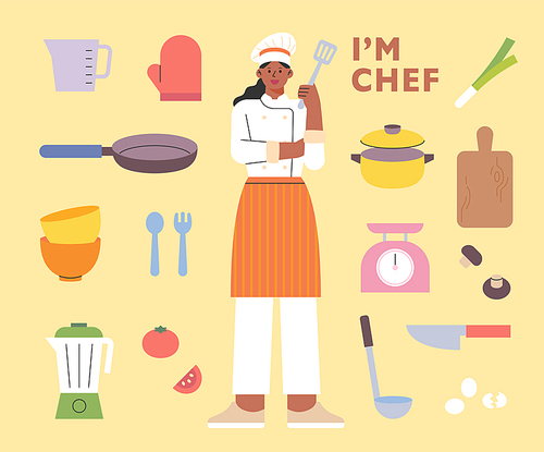 여성 요리사 캐릭터와 요리 도구들.