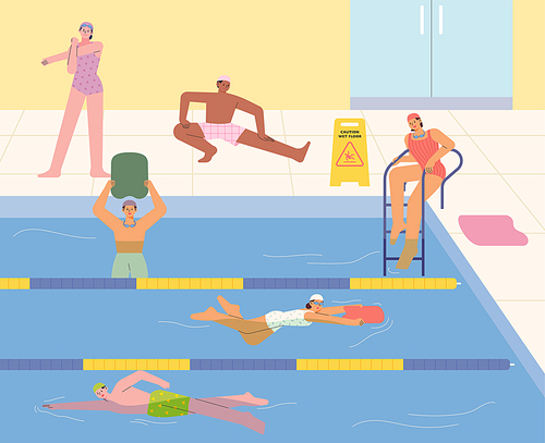 실내 수영장에서 수영을 하는 사람들. 심플한 벡터 스타일의 일러스트레이션.