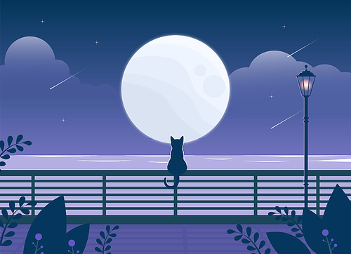 밤의 강가. 부위기 있는 배경. 고양이 한마리가 난간에 앉아 커다란 달을 보고 있다.