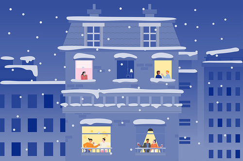 눈오는밤 아파트 창문에서 이웃들의 모습이 보인다. 손그림 스타일 벡터 일러스트레이션.