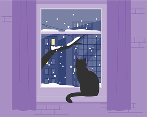 한 고양이가 창가에 앉아 눈오는 바깥 풍경을 보고 있다. 손그림 스타일 벡터 일러스트레이션.