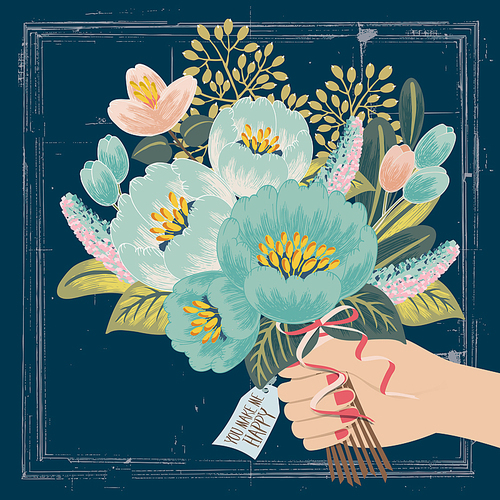 Illustration of a hand holding a bouquet