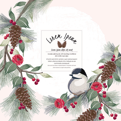 Vector illustration floral frame with a bird on branch.