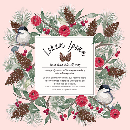 Vector illustration floral frame with birds on branches.