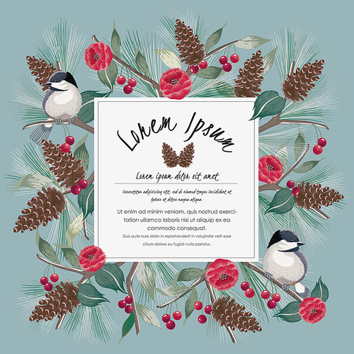 Vector illustration floral frame with birds on branches.