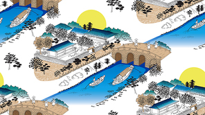 한국적 이미지가 배경인 패턴 일러스트레이션 돌다리가 있는 강가 마을