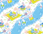 한국적 이미지가 배경인 패턴 일러스트레이션 개울가에서 물놀이를 하는 가족