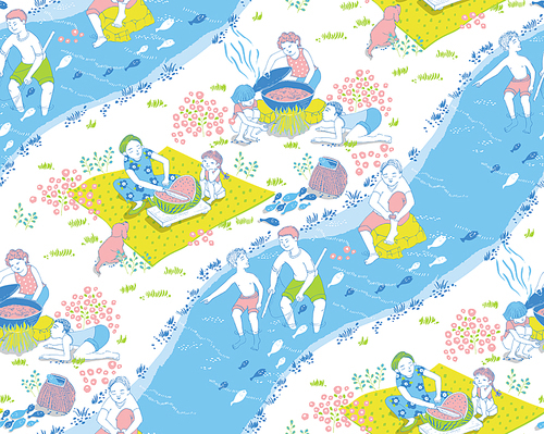 한국적 이미지가 배경인 패턴 일러스트레이션 개울가에서 물놀이를 하는 가족
