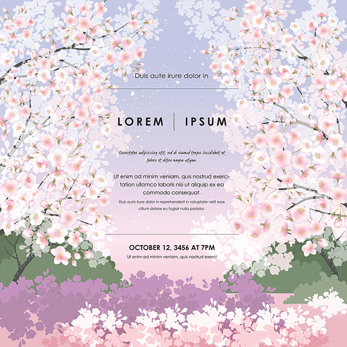 벚꽃이 만개한 벚나무 프레임 봄 일러스트레이션