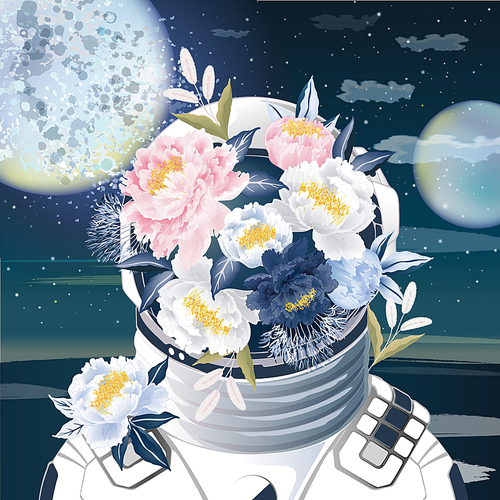 만개한 꽃으로 장식한 우주인 일러스트레이션