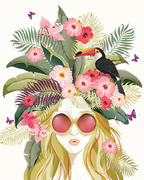열대의 꽃으로 머리를 장식하고 선글라스를 쓰고있는 여성 벡터 일러스트레이션