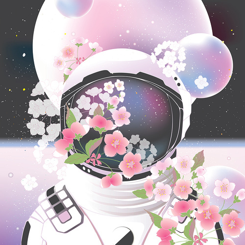 벚꽃으로 장식한 우주인 일러스트레이션