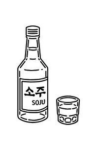 소주 병과 소주 잔. 벡터 라인아트 일러스트 세트.