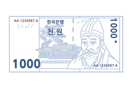 한국 지폐 1000원. 천원. 벡터 라인아트 일러스트.