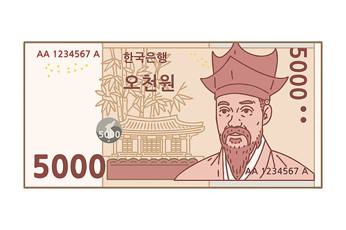 한국 지폐 5000원. 오천원. 벡터 일러스트.