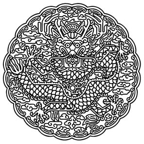 한국 전통 곤룡포 오조룡 무늬, 패턴. 벡터 라인아트 일러스트.