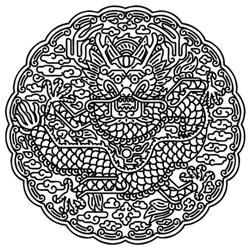 한국 전통 곤룡포 오조룡 무늬, 패턴. 벡터 라인아트 일러스트.