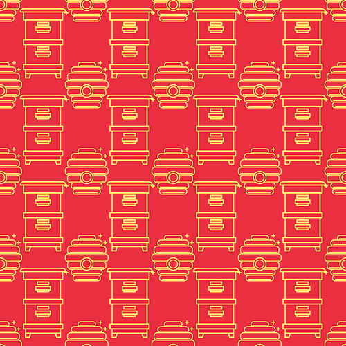 Beautiful Seamless pattern in a linear style on the theme of apiary and beekeeping. Bee houses, beehives. Texture for scrapbooking, wrapping paper, textiles, web page, wallpapers, surface design,