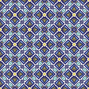 Blue ornament traditional Portuguese azulejos. Oriental seamless pattern imitating the sky-blue glazed ceramic tiles, majolica. Azulejos for fabrics, prints, t-shirts, bags, wrapping paper.