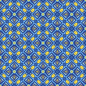 Blue ornament traditional Portuguese azulejos. Oriental seamless pattern imitating the sky-blue glazed ceramic tiles, majolica. Azulejos for fabrics, prints, t-shirts, bags, wrapping paper.