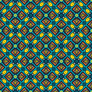 Bright traditional Talavera ornament. Mexican seamless pattern simulates colorful glazed ceramic tiles. For fabrics, prints, t-shirts, bags, wrapping paper.