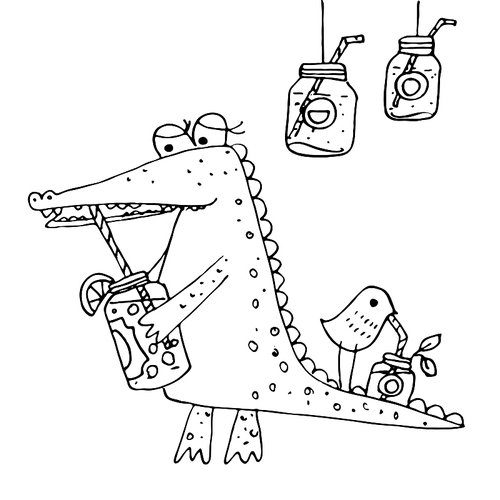 cartoon crocodile and bird  berry smoothies, detox. leading a healthy lifestyle. in the style of doodle.