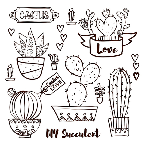 Cacti and succulents in pots. Tags and labels. In the hand drawn style. Set for scrapbooking, decal, stickers