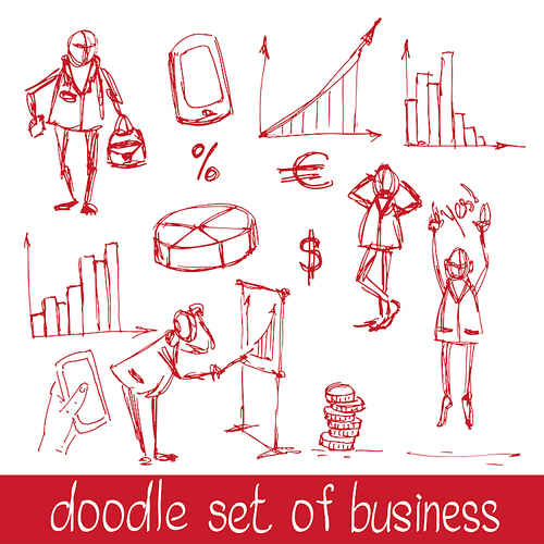 Doodle business people and charts set vector illustration. Presentation and Design.