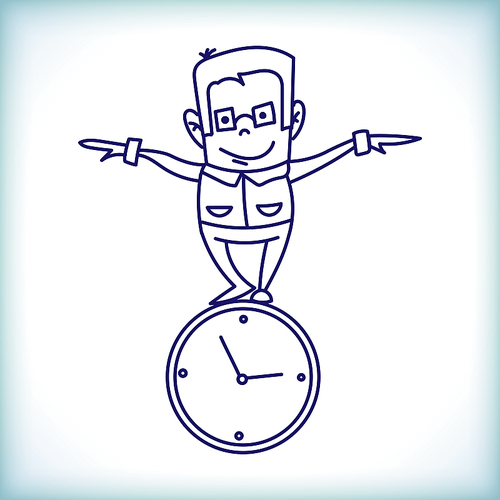 cartoon businessman in glasses teetering on the large round clock, manages time and time of Management