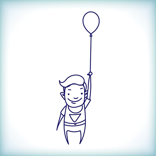 Cartoon Businessman superman in a raincoat on a balloon on a white background in the style of doodle