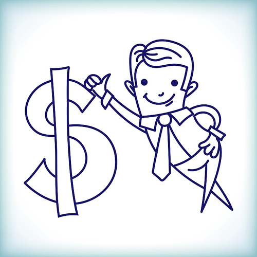 Cartoon businessman based on dollar sign on a white background in the style of doodle