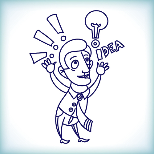 Cartoon businessman came up with the idea over his head Caps light bulb on a white background in the style of doodle