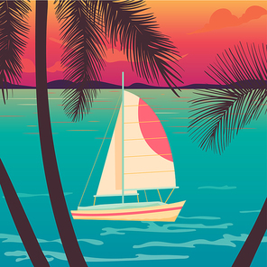 Yacht on a sunset background and silhouettes of palms. Design for the design of adventure posters, web banners, postcards. Retro illustration for tourist advertising.