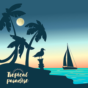 Yacht on a sunset background and silhouettes of palms. Design for the design of adventure posters, web banners, postcards. Retro illustration for tourist advertising.