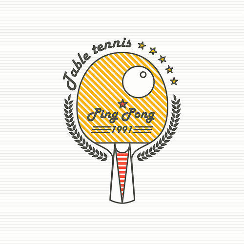 Logo League Table Tennis. The modern style of  thin lines. Badge Ping pong racket with a wreath of leaves and the inscription.