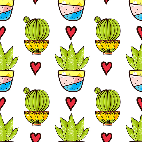 Seamless pattern of cacti and succulents in pots. In the hand drawn style. For scrapbooking, fabric, wrapping paper