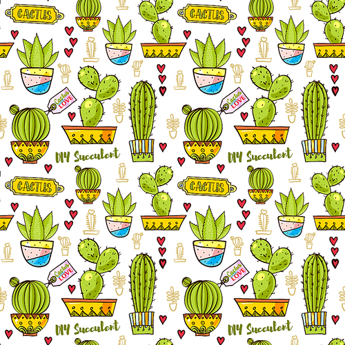 Seamless pattern of cacti and succulents in pots. In the hand drawn style. For scrapbooking, fabric, wrapping paper