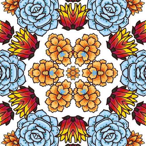 Kaleidoscope of succulents. Rich vintage seamless pattern in boho style.