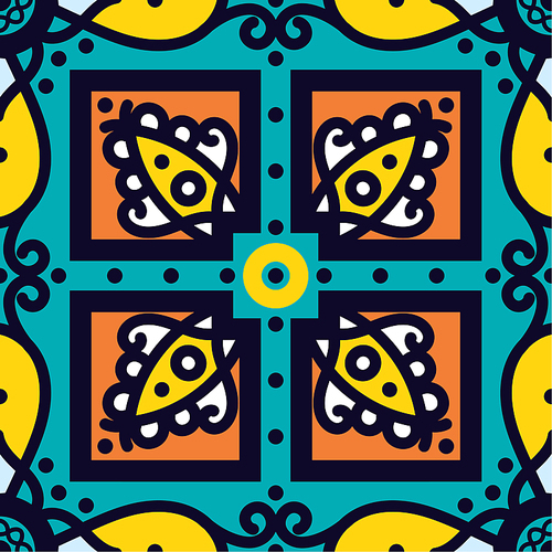 Bright traditional Talavera ornament. Mexican seamless pattern simulates colorful glazed ceramic tiles. For fabrics, prints, t-shirts, bags, wrapping paper.