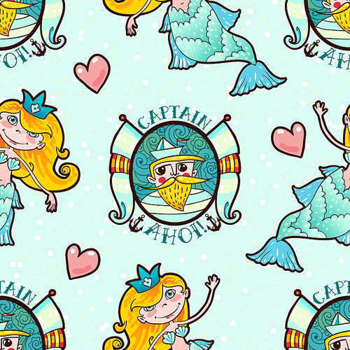 sweetheart mermaid and seaman seamless pattern. kawaii girl sea naiad maritime princess. old school style. endless for kid prints on t-shirts, bags, cards, old school s. vector illustration