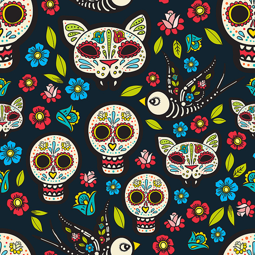 The seamless of Day of the Dead, a traditional holiday in Mexico. Skulls,  ribbons,  for design, t-shirt,cloth