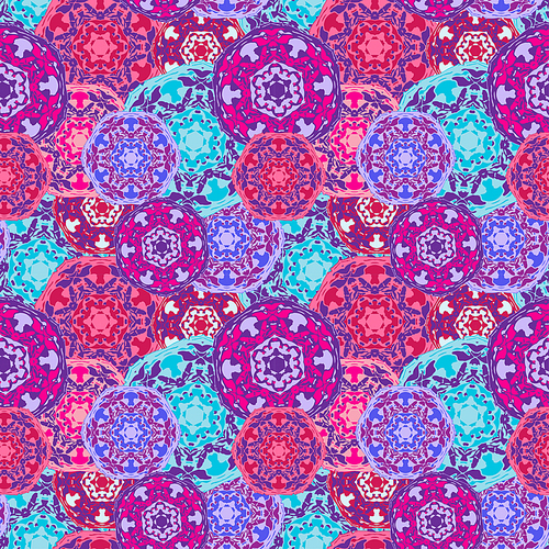 Gypsy seamless pattern of abstract multicolored round mandalas. Ethnic background with Aztec, Moroccan, Islamic, Indian motifs. Ethnic mandala from bold lines. Stylized floral pattern.