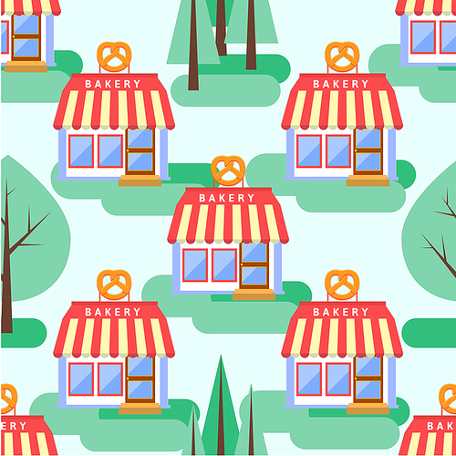 Town concept background. Flat Seamless pattern with colorful houses.